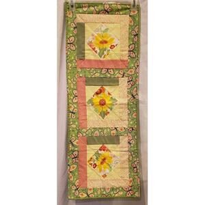Homemade Quilted Table Runner Green with Pink & Yellow Flowers 12.5" x 34"